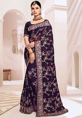 Purple Resham Embroidered Georgette Saree Set