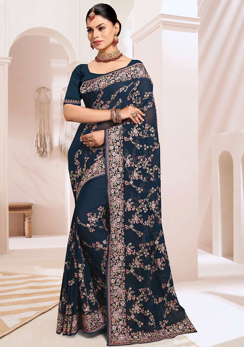 Morpeach Resham Embroidered Georgette Saree Set for Diwali and Festive Wear - Indya