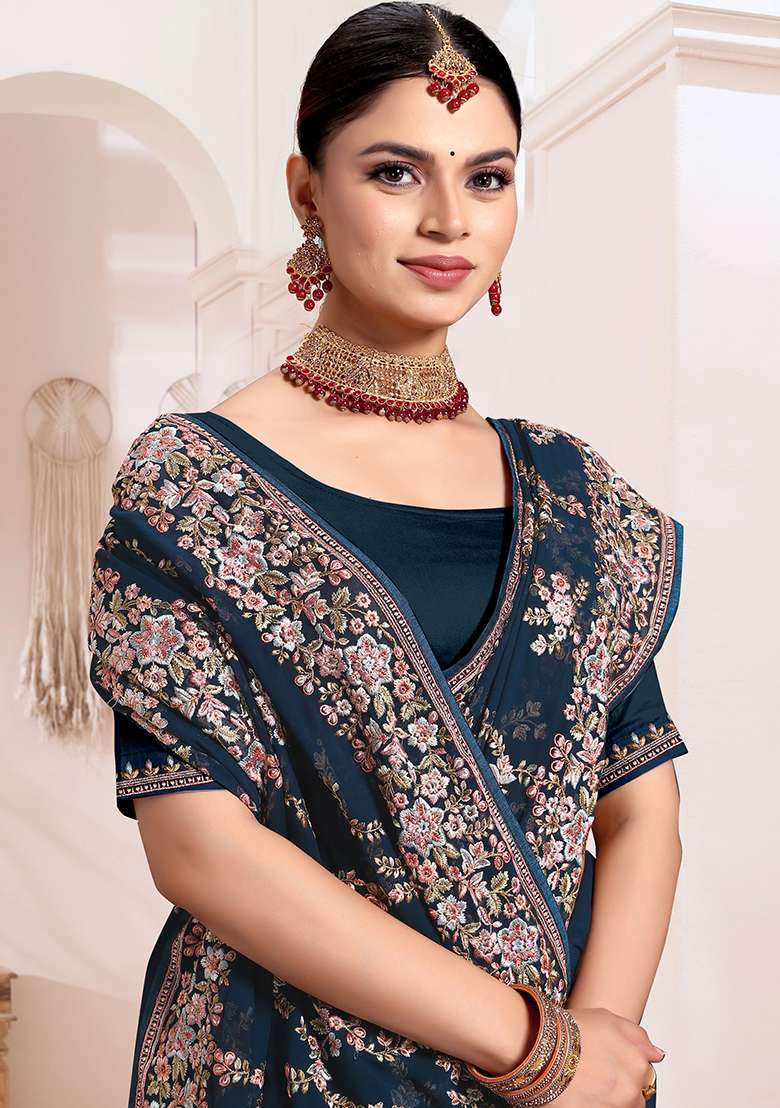 Morpeach Resham Embroidered Georgette Saree Set for Diwali and Festive Wear - Indya