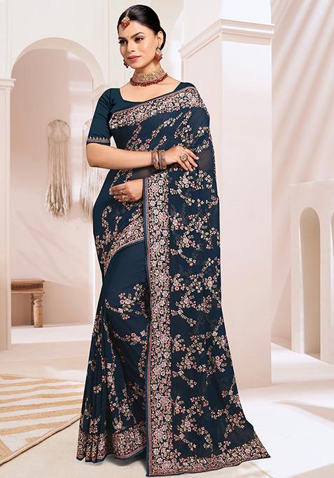 Morpeach Resham Embroidered Georgette Saree Set