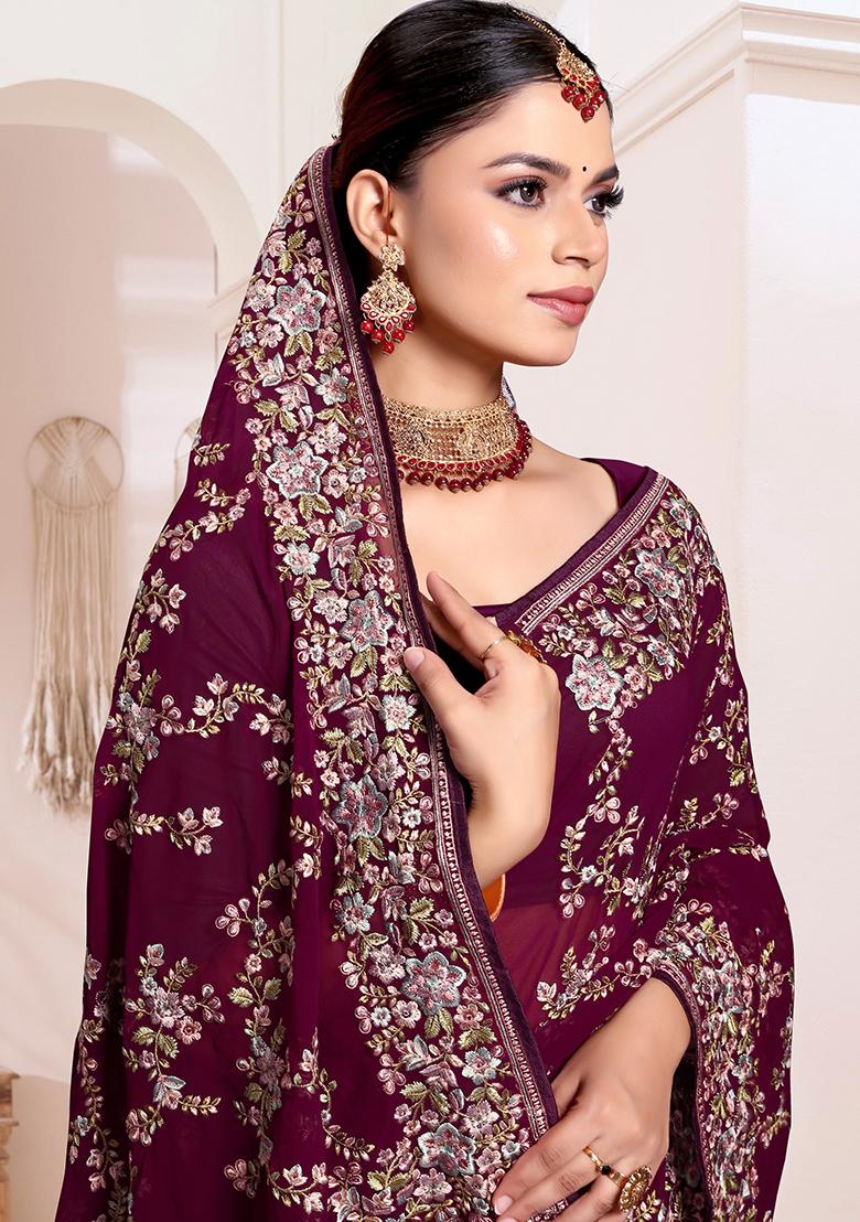 Wine Resham Embroidered Georgette Saree Set