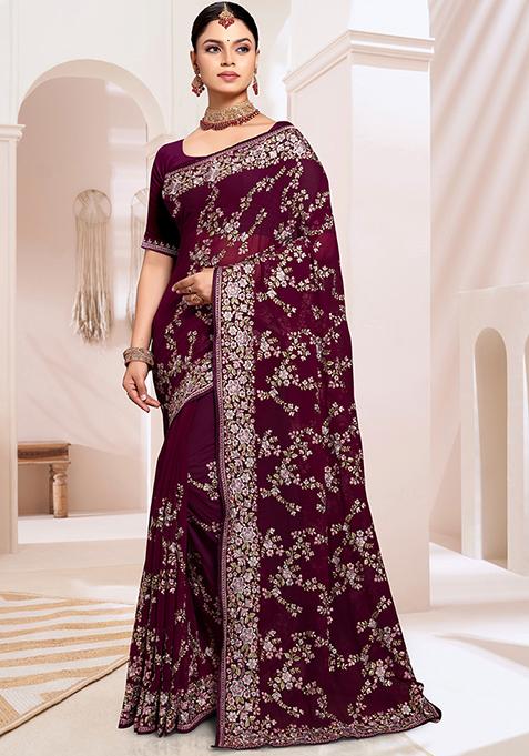 Wine Resham Embroidered Georgette Saree Set