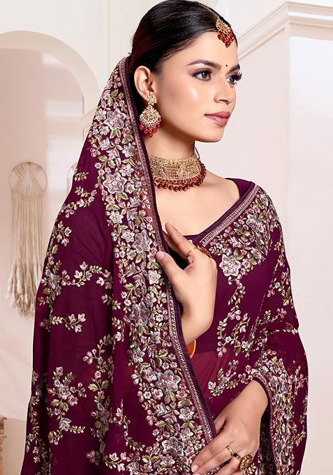 Wine Resham Embroidered Georgette Saree Set