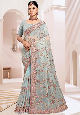 Green Resham Embroidered Georgette Saree Set