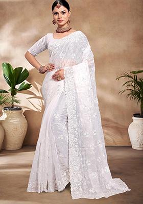 White Resham Embroidered Burberry Silk Saree Set