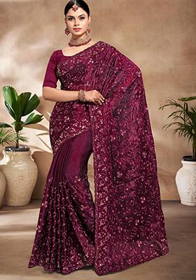 Wine Resham Embroidered Burberry Silk Saree Set