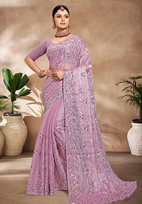 Lavender Resham Embroidered Burberry Silk Saree Set