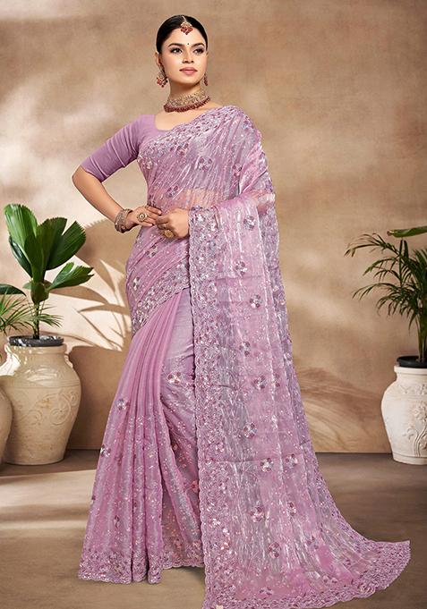 Lavender Resham Embroidered Burberry Silk Saree Set