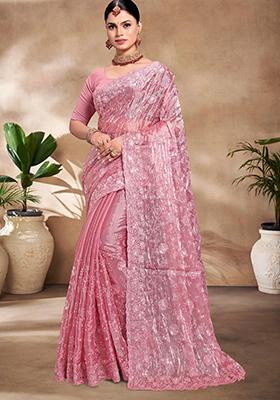 Pink Resham Embroidered Burberry Silk Saree Set