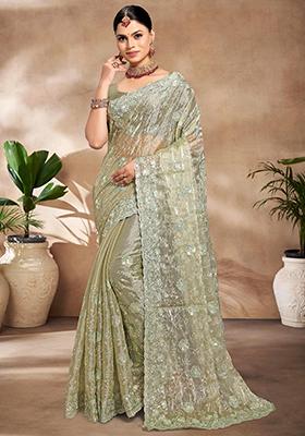 Pista Green Resham Embroidered Burberry Silk Saree Set
