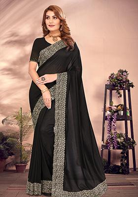 Black Resham Embroidered Vichitra Blooming Saree Set