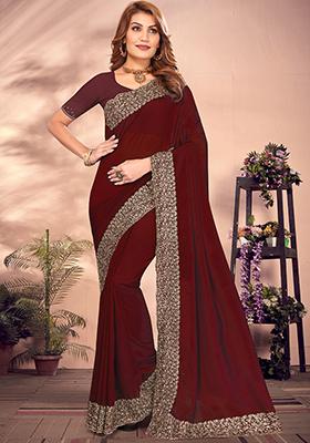 Maroon Resham Embroidered Vichitra Blooming Saree Set