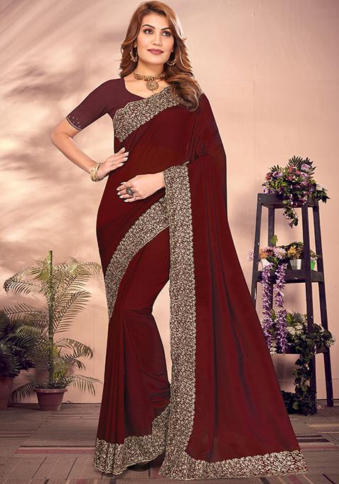 Maroon Resham Embroidered Vichitra Blooming Saree Set