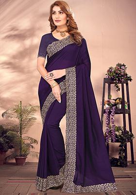 Purple Resham Embroidered Vichitra Blooming Saree Set