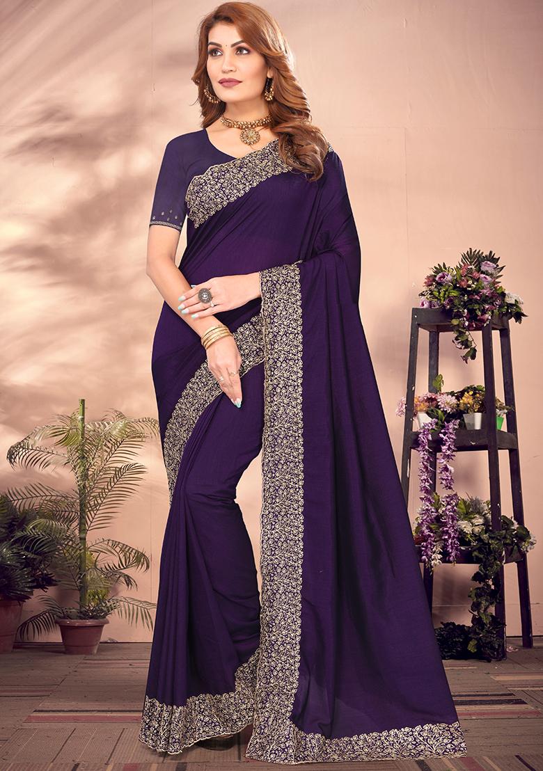 Purple Resham Embroidered Vichitra Blooming Saree Set