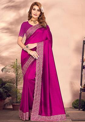 Rani Pink Resham Embroidered Vichitra Blooming Saree Set