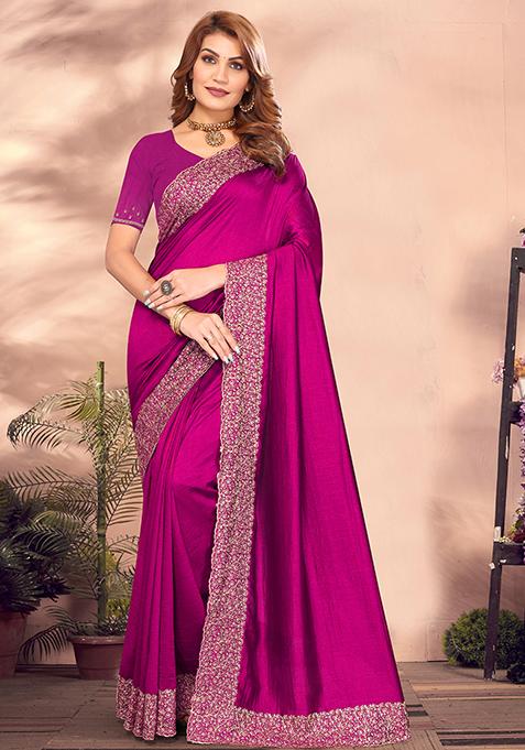 Rani Pink Resham Embroidered Vichitra Blooming Saree Set