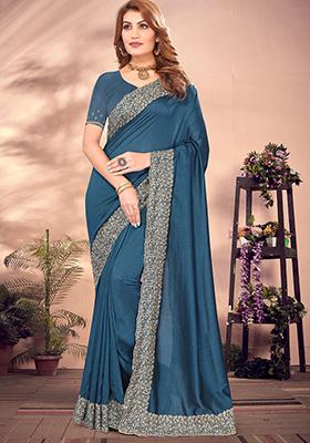 Morpeach Resham Embroidered Vichitra Blooming Saree Set