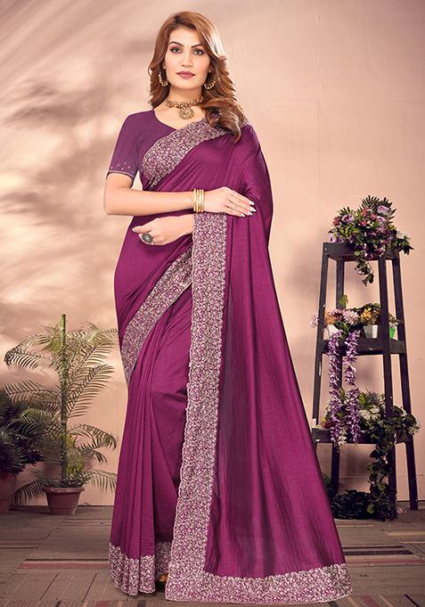 Wine Resham Embroidered Vichitra Blooming Saree Set