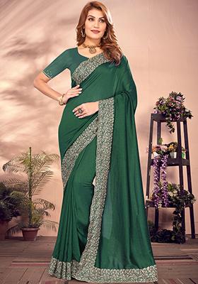 Bottle Green Resham Embroidered Vichitra Blooming Saree Set