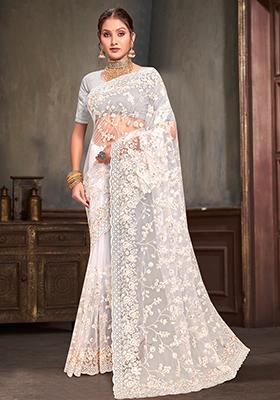 White Resham Sequin Embroidered Net Saree Set