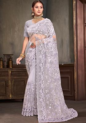 Lavender Resham Sequin Embroidered Net Saree Set
