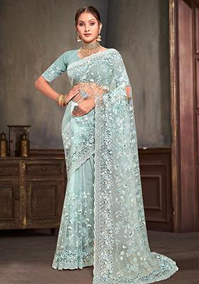Sky Blue Resham Sequin Embroidered Net Saree Set