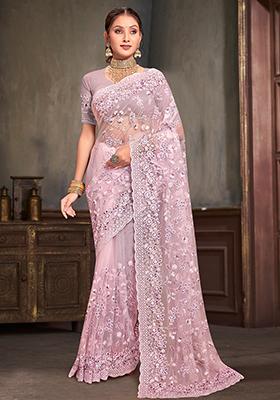 Pink Resham Sequin Embroidered Net Saree Set