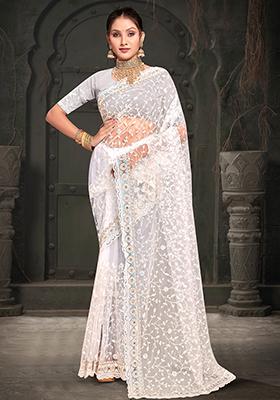 White Resham Sequin Embroidered Net Saree Set