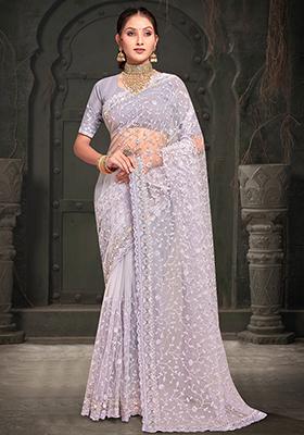 Lavender Resham Sequin Embroidered Net Saree Set