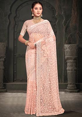 Peach Resham Sequin Embroidered Net Saree Set