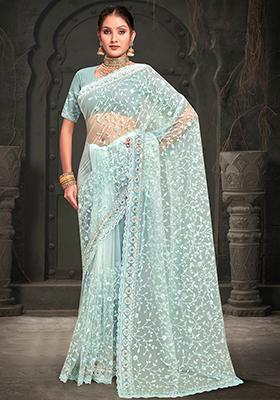 Sky Blue Resham Sequin Embroidered Net Saree Set