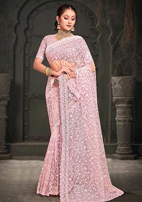 Pink Resham Sequin Embroidered Net Saree Set