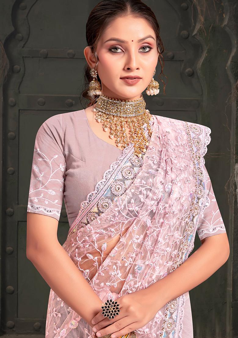 Pink Resham Sequin Embroidered Net Saree Set