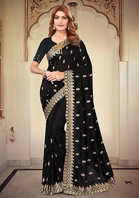 Black Resham Embroidered Vichitra Blooming Saree Set