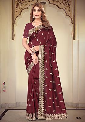 Maroon Resham Embroidered Vichitra Blooming Saree Set