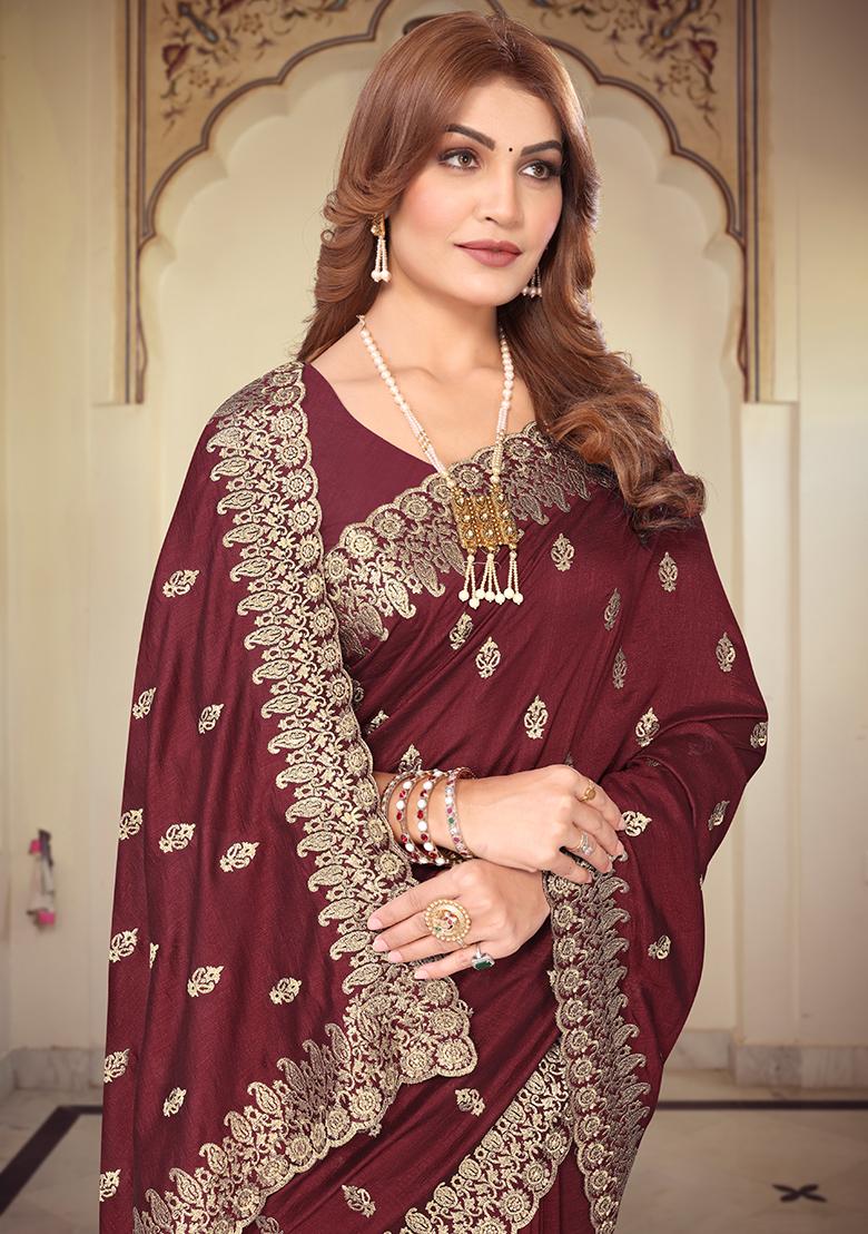 Maroon Resham Embroidered Vichitra Blooming Saree Set