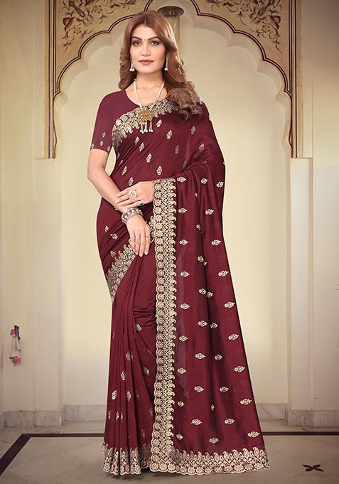 Maroon Resham Embroidered Vichitra Blooming Saree Set