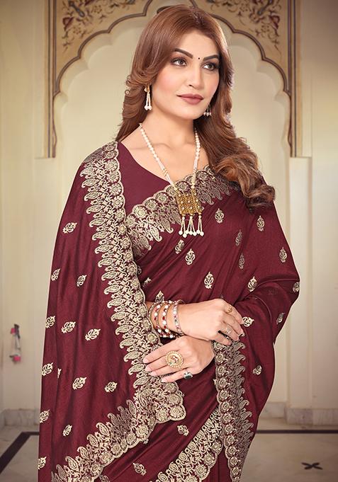 Maroon Resham Embroidered Vichitra Blooming Saree Set