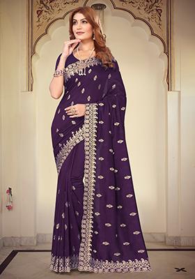 Purple Resham Embroidered Vichitra Blooming Saree Set