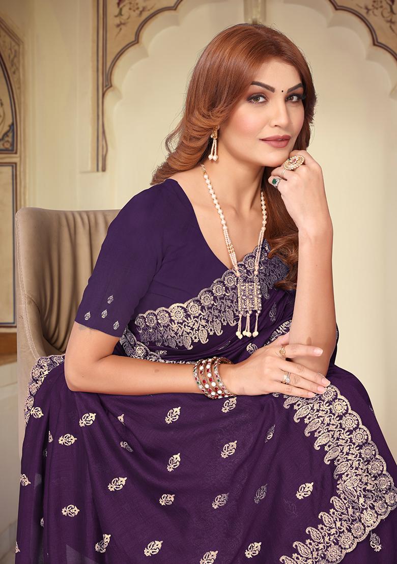 Purple Resham Embroidered Vichitra Blooming Saree Set