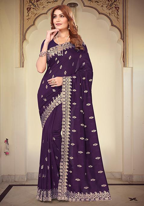 Purple Resham Embroidered Vichitra Blooming Saree Set