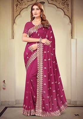 Rani Pink Resham Embroidered Vichitra Blooming Saree Set