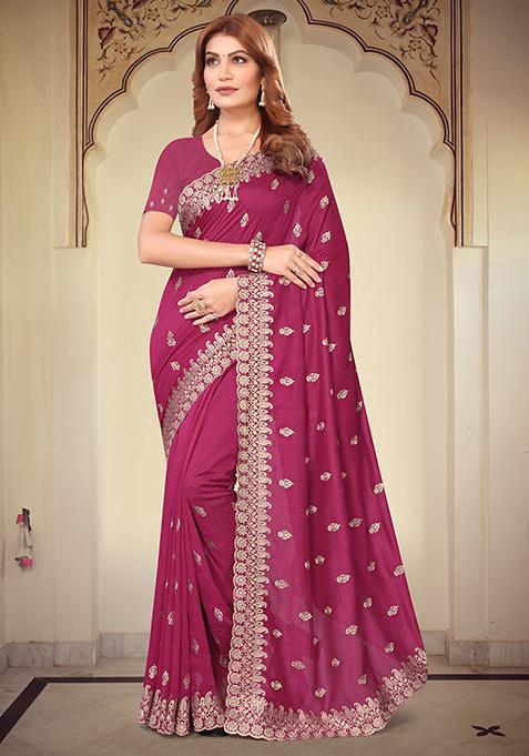 Rani Pink Resham Embroidered Vichitra Blooming Saree Set