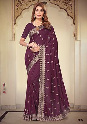 Wine Resham Embroidered Vichitra Blooming Saree Set
