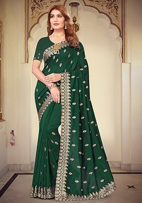 Bottle Green Resham Embroidered Vichitra Blooming Saree Set