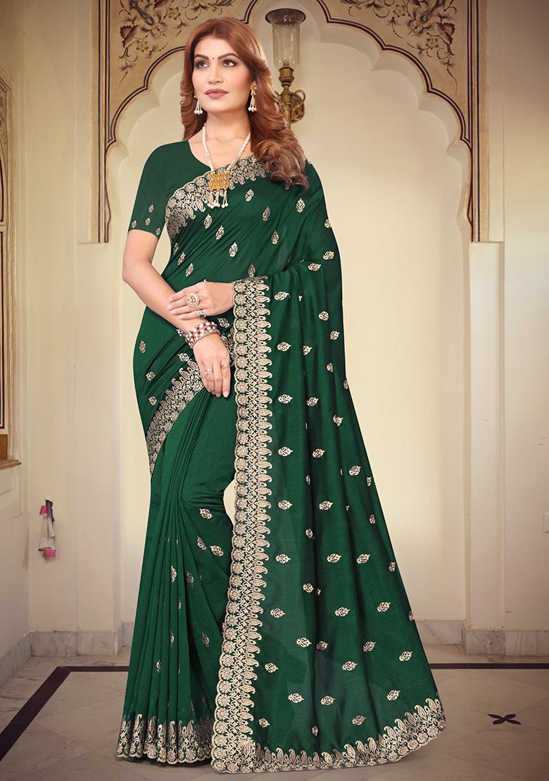 Bottle Green Resham Embroidered Vichitra Blooming Saree Set - Indya