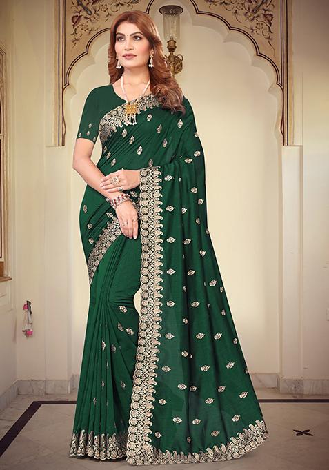 Bottle Green Resham Embroidered Vichitra Blooming Saree Set