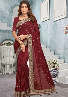 Maroon Resham Embroidered Vichitra Blooming Saree Set