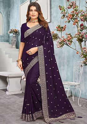 Purple Resham Embroidered Vichitra Blooming Saree Set